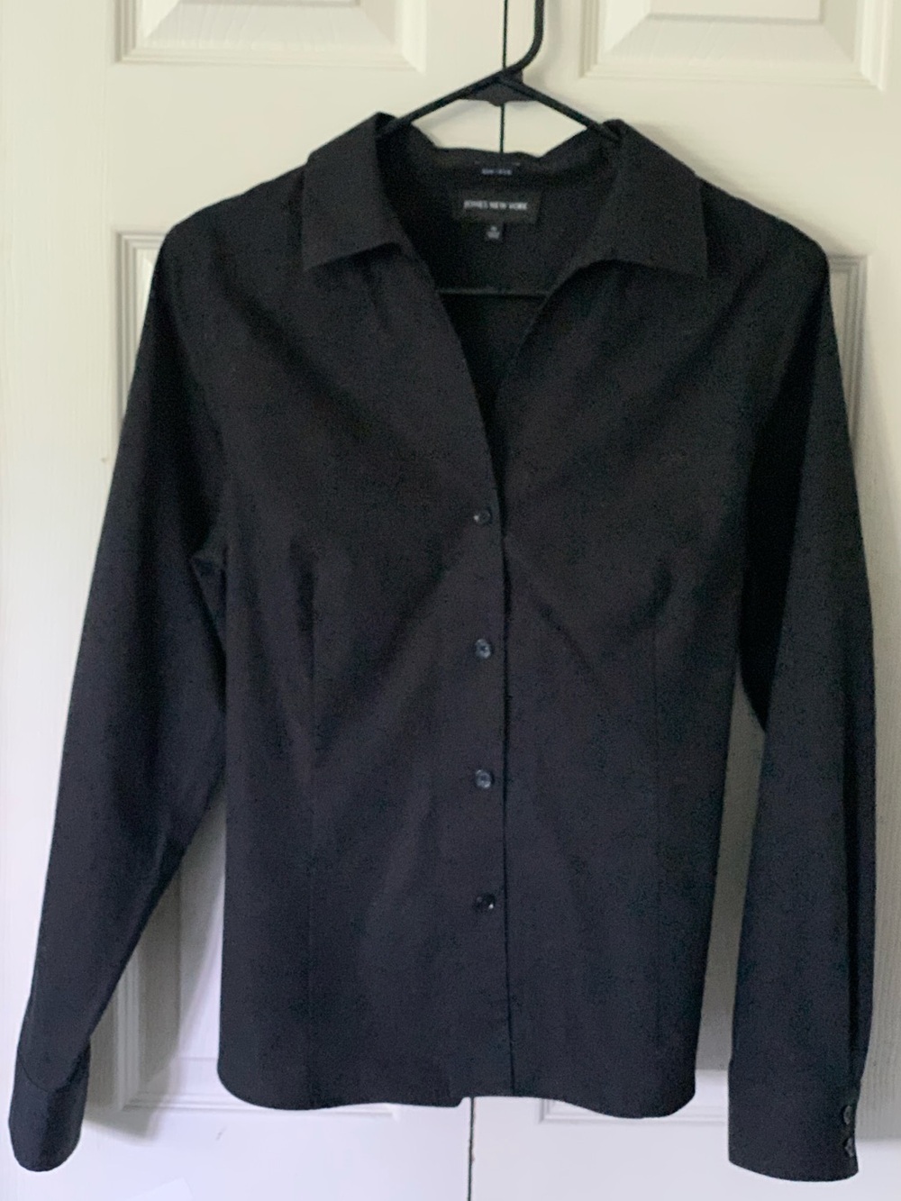 Jones New York Women's Black Dress Shirt No Iron Button Front V Neck M